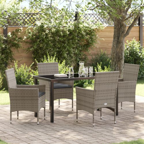 5 Részes Kerti Étkező Szett Párnákkal Szürke Poli Rattan, Kert Asztal Fekete 140x80x73 cm Edzett Üvegből