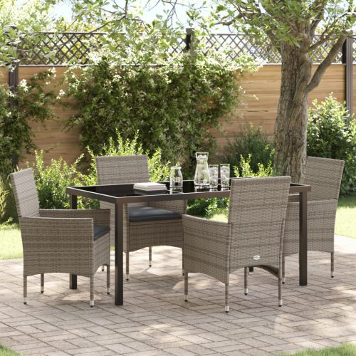 5 darabos Kerti Étkező Szett Párnákkal Szürke Poli Rattan, Kerti Asztal Fekete 160x80x73 cm Edzett Üveg