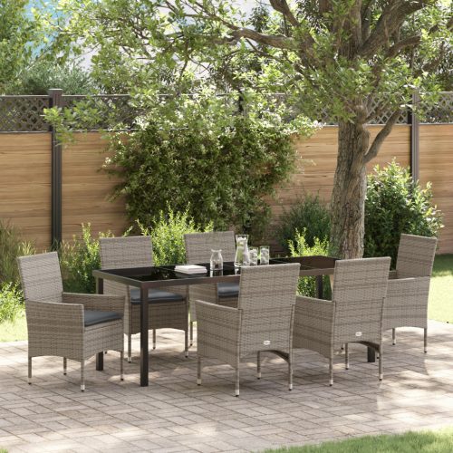 7 Részes Kerti Étkezőszett Párnákkal Szürke Poli Rattan, Kerti Asztal Fekete 200x80x73 cm Edzett Üveg