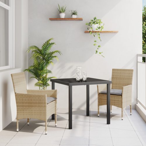 3 darabos Kerti Étkezőszett Párnákkal Bézs Műanyag Rattan, Kerti asztal Fekete 80x80x73 cm Edzett üveg