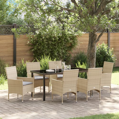 7 darabos kerti étkező szett párnákkal bézs poli rattan, fekete étkezőasztal 160x80x73 cm edzett üveggel