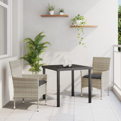 3 Részes Kert Étkező Szett Párnákkal Világosszürke Műanyag Rattan, Kert Asztal Fekete 80x80x73 cm Edzett Üveg