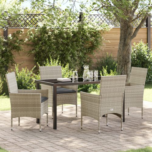5 Részes Kert Étkezősor Párnákkal Világosszürke Poli Rattan, Kert Asztal Fekete 140x80x73 cm Edzett Üveg