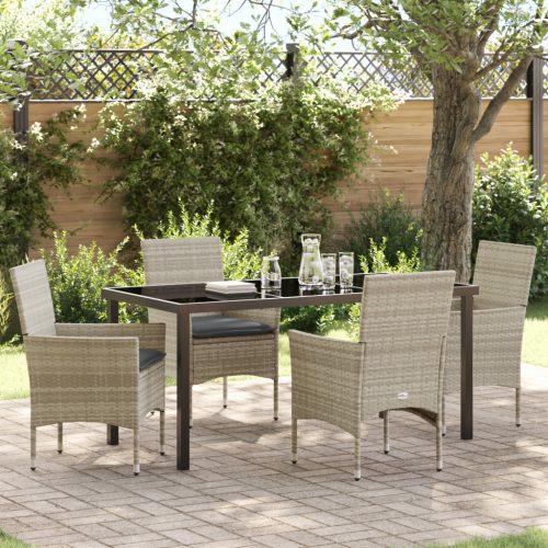 5 Részes Kerti Étkező Szett Párnákkal Világosszürke Poly Rattan, Kerti Asztal Fekete 160x80x73 cm Edzett Üveg