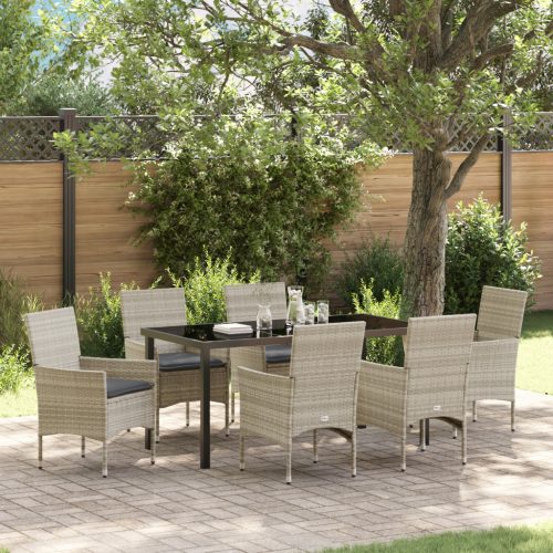 7 részes kerti étkező szett párnákkal világosszürke poli rattan, kerti asztal fekete 160x80x73 cm edzett üvegből