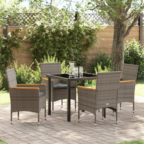 5 Részes Kerti Étkező Szett Párnákkal Szürke Poli Rattan, Kerti Asztal Fekete 80x80x73 cm Edzett Üveg