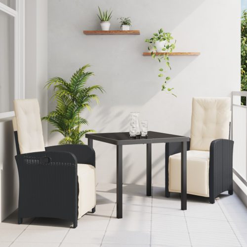 3 darabos kerti étkezősor párnákkal fekete poli rattan, kerti asztal fekete 80x80x73 cm edzett üveggel