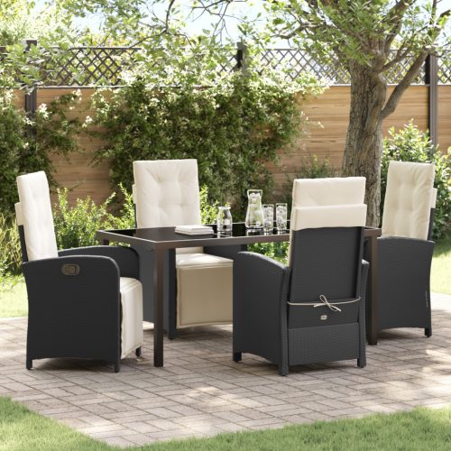 5 Részes Kerti Étkezőszett Párnákkal Fekete Poli Rattan, Kerti Asztal Fekete 160x80x73 cm Edzett Üveg