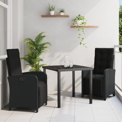 3 Darabos Kerti Étkezőasztal Párnákkal Fekete Polirattan, Kerti Asztal Fekete 80x80x73 cm Edzett Üveg