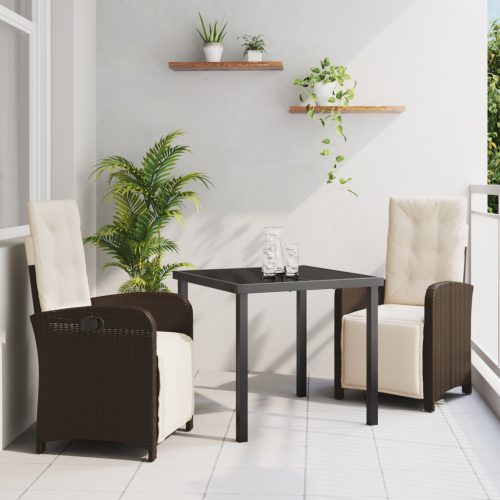3 darabos kerti étkezőgarnitúra párnákkal barna poliratán, kerti asztal fekete 80x80x73 cm edzett üveggel