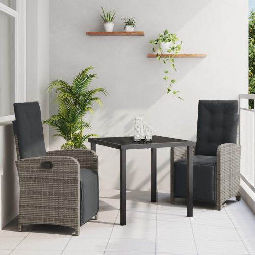 3 részes kerti étkező szett párnákkal Szürke poli rattan, Kerti asztal Fekete 80x80x73 cm edzett üveg