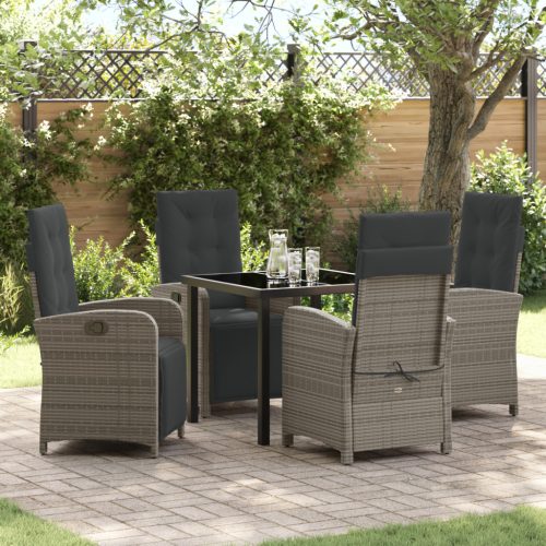 5 Darabos Kerti Étkezőszett Párnákkal Szürke Poli Rattan, Kerti Asztal Fekete 80x80x73 cm Temperált Üveg
