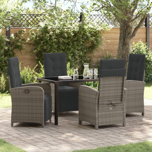 5 Darabos Kerti Étkező Szett Párnákkal Szürke Poli Rattan, Kerti Asztal Fekete 140x80x73 cm Edzett Üveggel