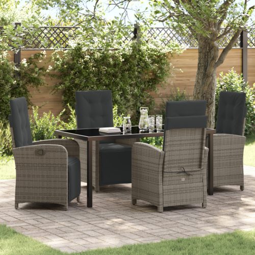 5 darabos kerti étkező szett párnákkal, szürke poli-rattan, Kerti asztal fekete 160x80x73 cm edzett üvegből