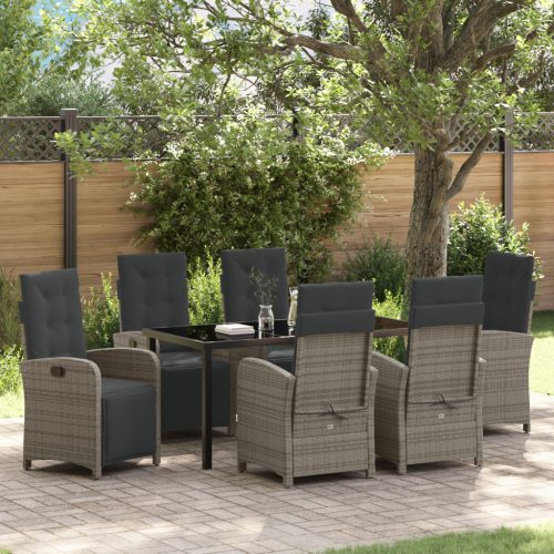 7 Részes Kerti Étkezőszett Párnákkal Szürke Poli Rattan, Kerti Asztal Fekete 160x80x73 cm Edzett Üveg