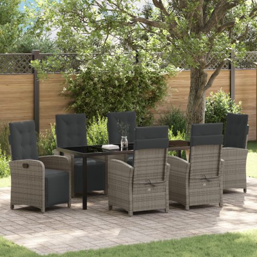 7 Részes Kert Étkezősor Párnákkal Szürke Poli Rattan, Kert Asztal Fekete 200x80x73 cm Edzett Üveggel
