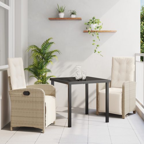 3 Részes Kerti Étkezőszett Párnákkal Bézs Poli Rattan, Kerti Asztal Fekete 80x80x73 cm Edzett Üveg