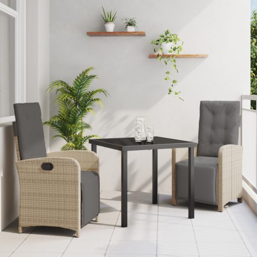 3 Darabos Kerti Étkezőszett Párnákkal Bézs Polyrattan, Kerti Asztal Fekete 80x80x73 cm Edzett Üveg
