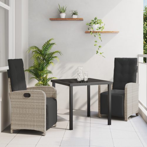 3 Darabos Kerti Étkező Szett Párnákkal Világosszürke Poli Rattan, Fekete Asztal 80x80x73 cm Edzett Üveg