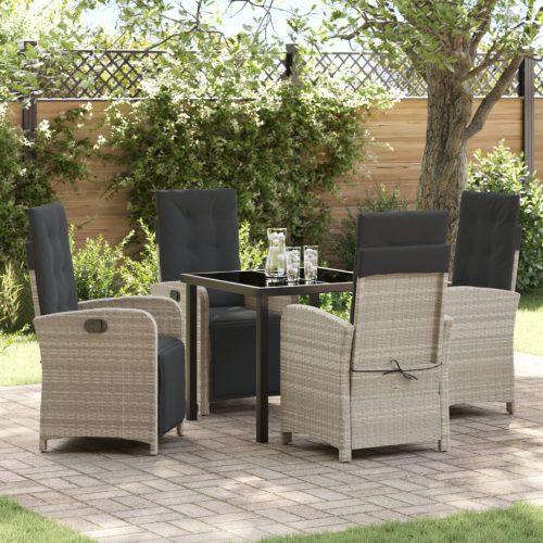 5 részes kerti étkezőszett párnákkal világosszürke poli rattan, kerti asztal fekete 80x80x73 cm edzett üveggel