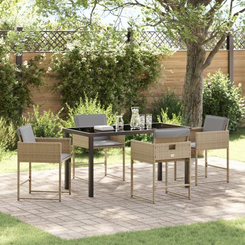 5 darabos kert étkező szett párnákkal bézs poli rattan, fekete kert asztal 140x80x73 cm edzett üveggel