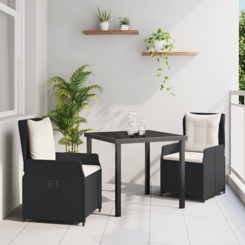 3 Darabos Kerti Étkező Szett Fekete Polirattan, Kert Asztal Fekete 80x80x73 cm Edzett Üveg