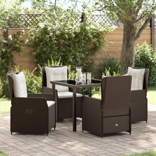5 Darabos Kerti Étkezőszett Barna Poli Rattan, Kerti Asztal Fekete 80x80x73 cm Edzett Üveg