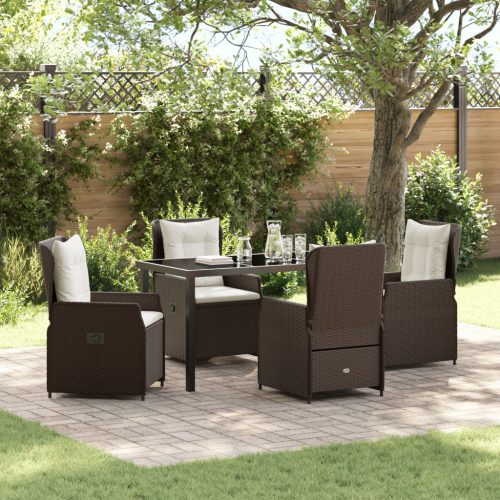 5 darabos Kerti étkezőszett Barna Poli Rattan, Kerti asztal Fekete 140x80x73 cm Edzett üveg