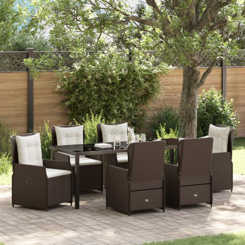 7 Darabos Kerti Étkezőszett Barna Poli Rattan, Kerti Asztal Fekete 200x80x73 cm Edzett Üveggel