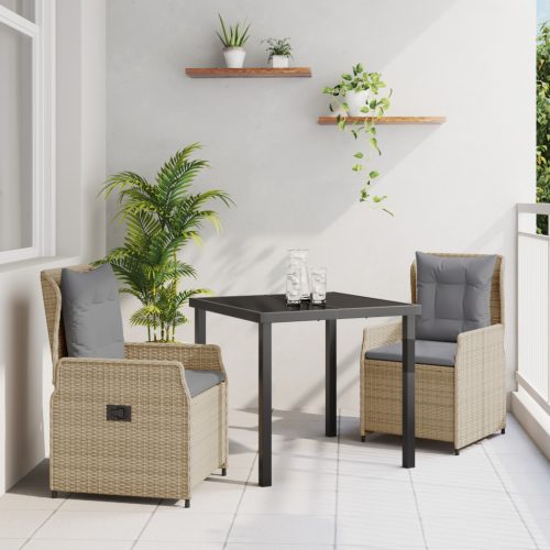 3 Részes Kerti Étkezőszett Bézs Polirattan, Kerti Asztal Fekete 80x80x73 cm Edzett Üveg