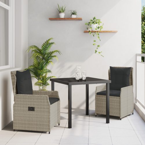 3 Darab Kert Étkező Készlet Világosszürke Poli Rattan, Asztal Fekete 80x80x73 cm Edzett Üveg