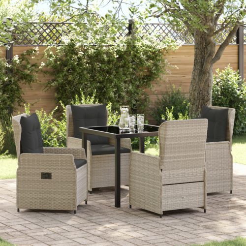 5 darabos kert étkezőszett világosszürke poli rattan, kert asztal fekete 80x80x73 cm edzett üveg