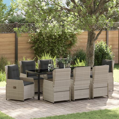 9 Részes Kerti Étkezőszett Világosszürke Poli Rattan, Kerti Asztal Fekete 200x80x73 cm Edzett Üvegből
