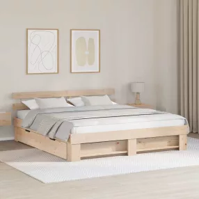   Ágykeret fejtámlával fiókkal Barna 200 x 200 cm Tömör fenyőfa