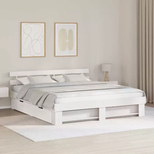 Ágykeret fejtámlával fiókkal Fehér 200 x 200 cm Tömör fenyőfa