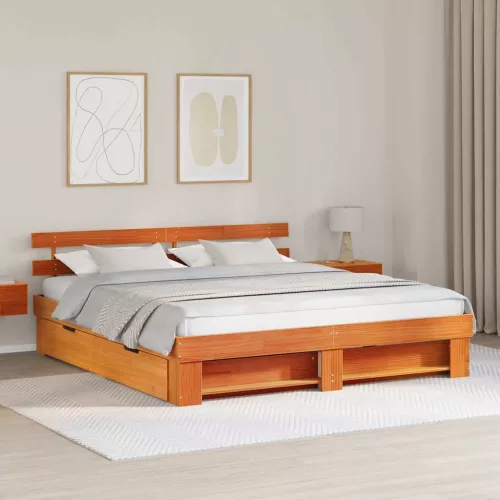 Ágykeret fejtámlával Viaszbarna 200 x 200 cm Tömör fenyőfa