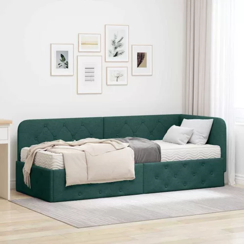 Sarokágy keret matracmal Sötétzöld 80 x 200 cm szövet