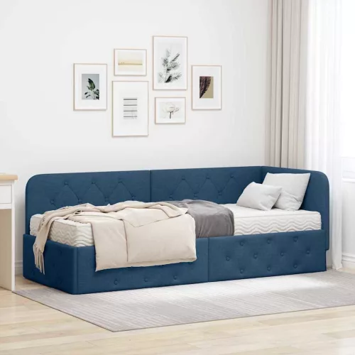 Sarokágy keret matracmal fejtámlával Kék 80 x 200 cm szövet