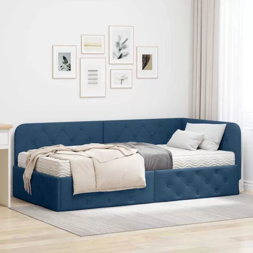 Sarokágy keret matracmal fejtámlával Kék 90 x 190 cm szövet