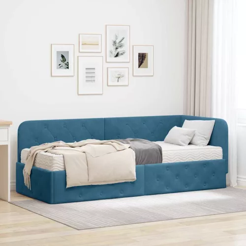 Sarokágy keret matracmal fejtámlával Kék 80 x 200 cm Bársony