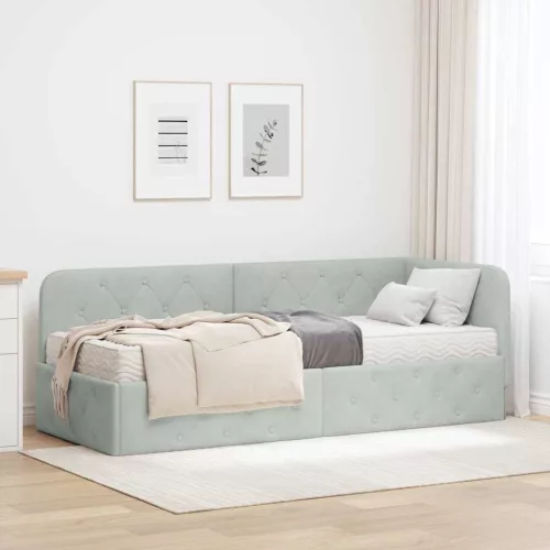 Sarokágy keret matracmal Világosszürke 80 x 200 cm Bársony