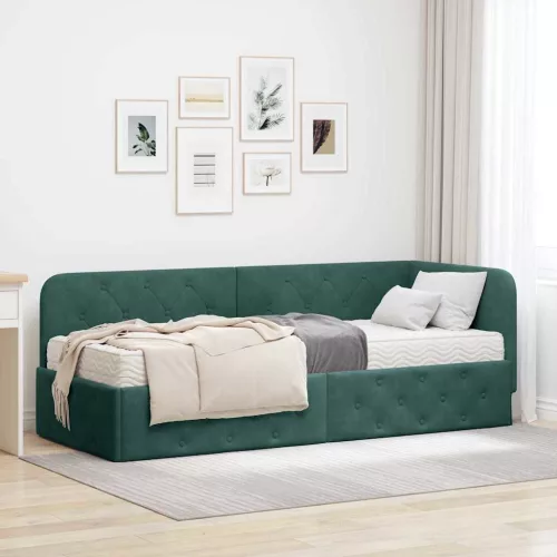 Sarokágy keret matracmal Sötétzöld 80 x 200 cm Bársony