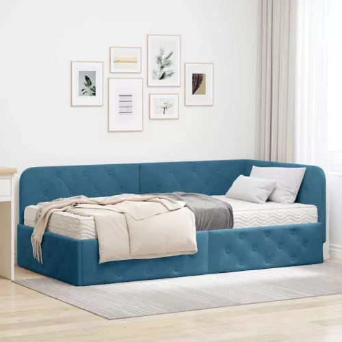 Sarokágy keret matracmal fejtámlával Kék 90 x 190 cm Bársony