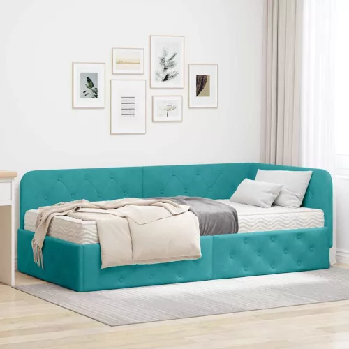 Sarokágy keret matracmal fejtámlával Türkiz 90 x 190 cm Bársony