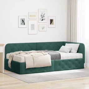Sarokágy keret matracmal Sötétzöld 90 x 200 cm Bársony