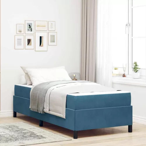 Ágykeret matracmal Sötétkék és fehér 90 x 200 cm Bársony
