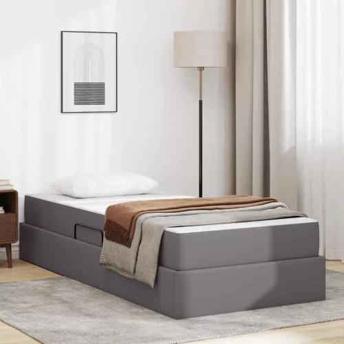 vidaXL Ágy tárolóval és matraccal matracmal tárolóval 2 pcs Szürke Bőr