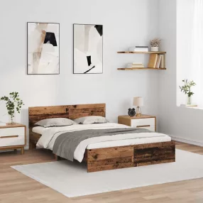 Ágykeret LED -es lámpákkal Öreg fa 135 x 190 cm Faanyag