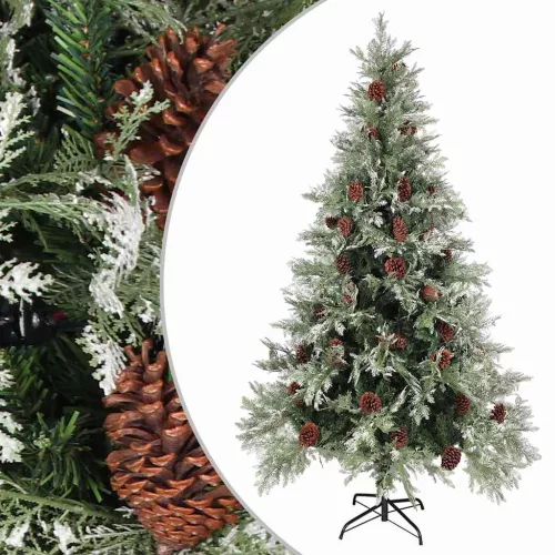 Zöld és fehér karácsonyfa fenyőtobozokkal 195 cm