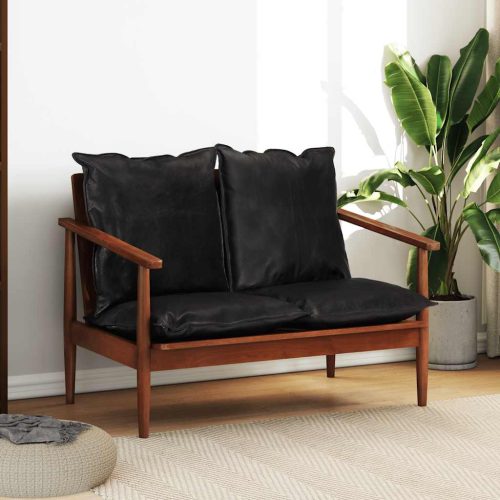 fekete 2 személyes valódi bőr és tömör akácfa kanapé